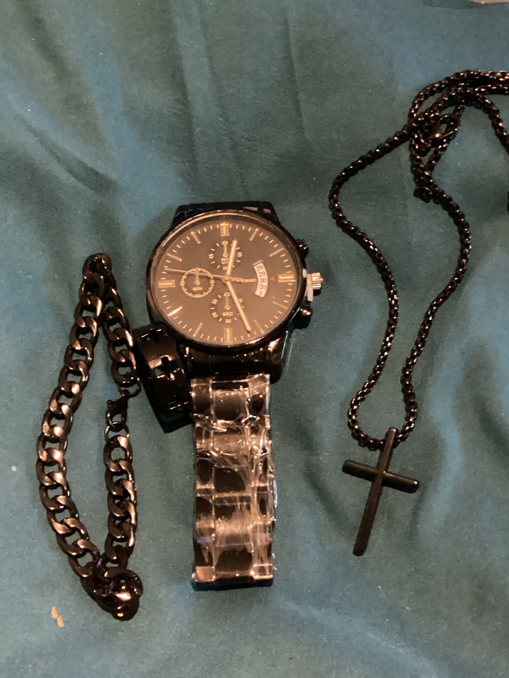 Black Men's Watch and Cross Necklace Set - Sleek Black Finish